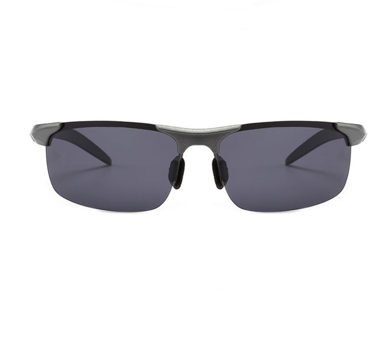 Sports cycling sunglasses with gun-gray frame and dark polarized lenses, UV400