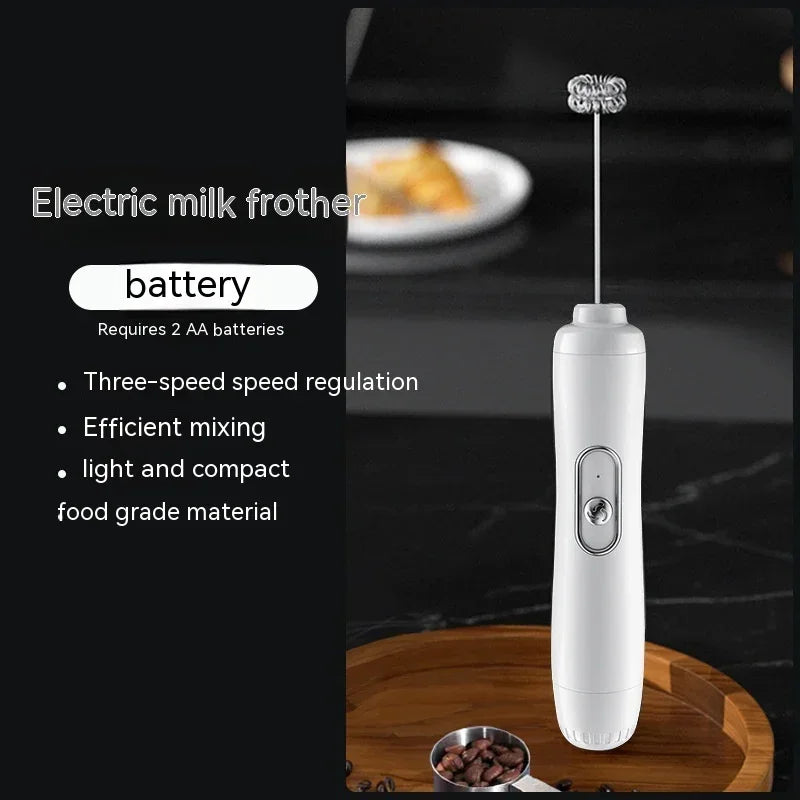 White electric milk frother with whisk head, battery powered for milk froth