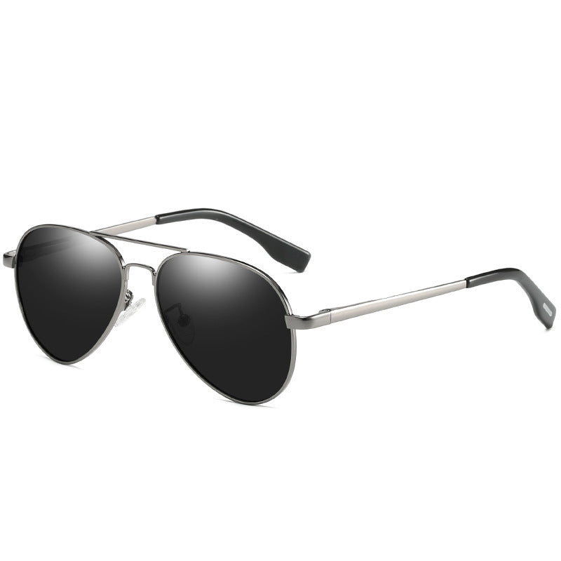 Polarized sunglasses with black mirrored lenses and silver metal frame