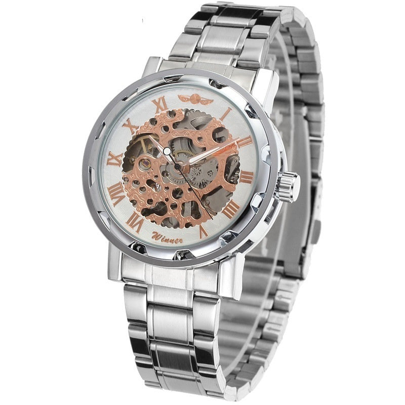 Stainless steel mechanical skeleton watch with Roman numeral bezel and copper-toned movement