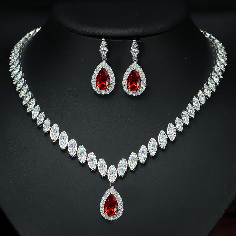 Two-piece AAA zircon set: red teardrop earrings and crystal tennis necklace with center pendant