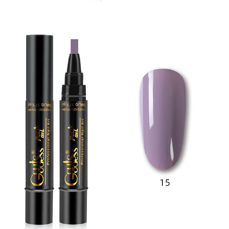 Nail gel polish pen with lavender cap and light purple nail swatch, color 15