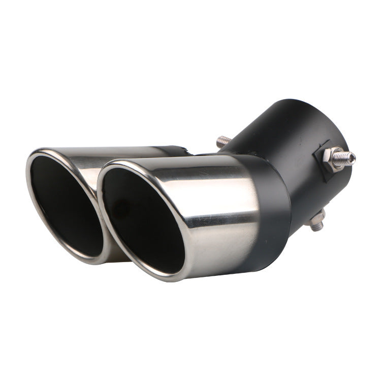 Double exhaust muffler tip with polished stainless body and black outlet sleeve