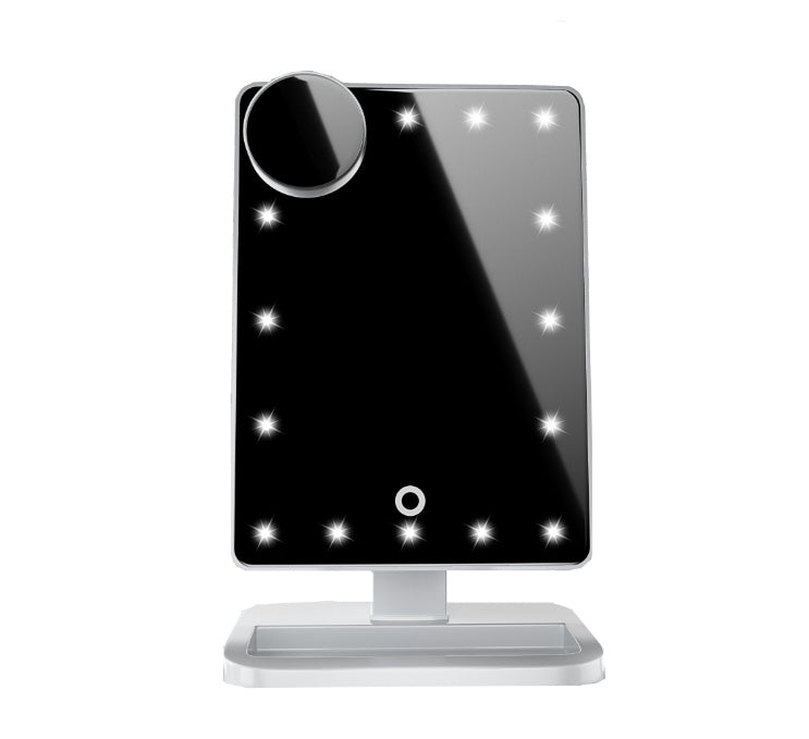 Black touch screen LED makeup mirror with Bluetooth speaker and magnifying lens