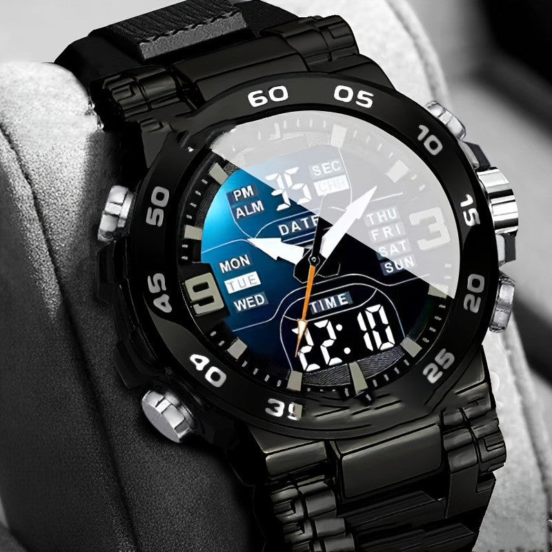 Waterproof electronic sports watch with black case, black strap, and black dial display
