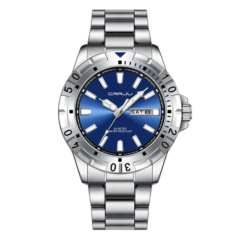 Silver multifunction quartz business watch with blue dial and SAT8 date window