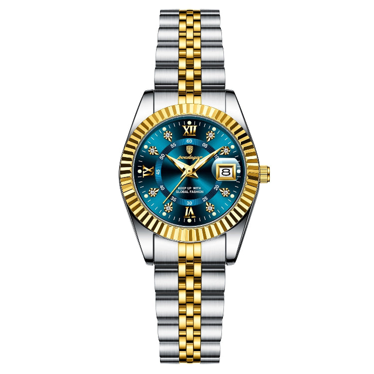 Quartz watch with blue dial, gold bezel, and two-tone stainless steel bracelet