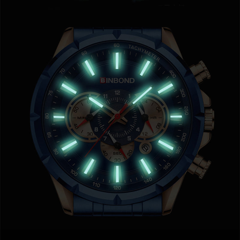 Luminous blue tactical wristwatch with bright green hour markers in dark