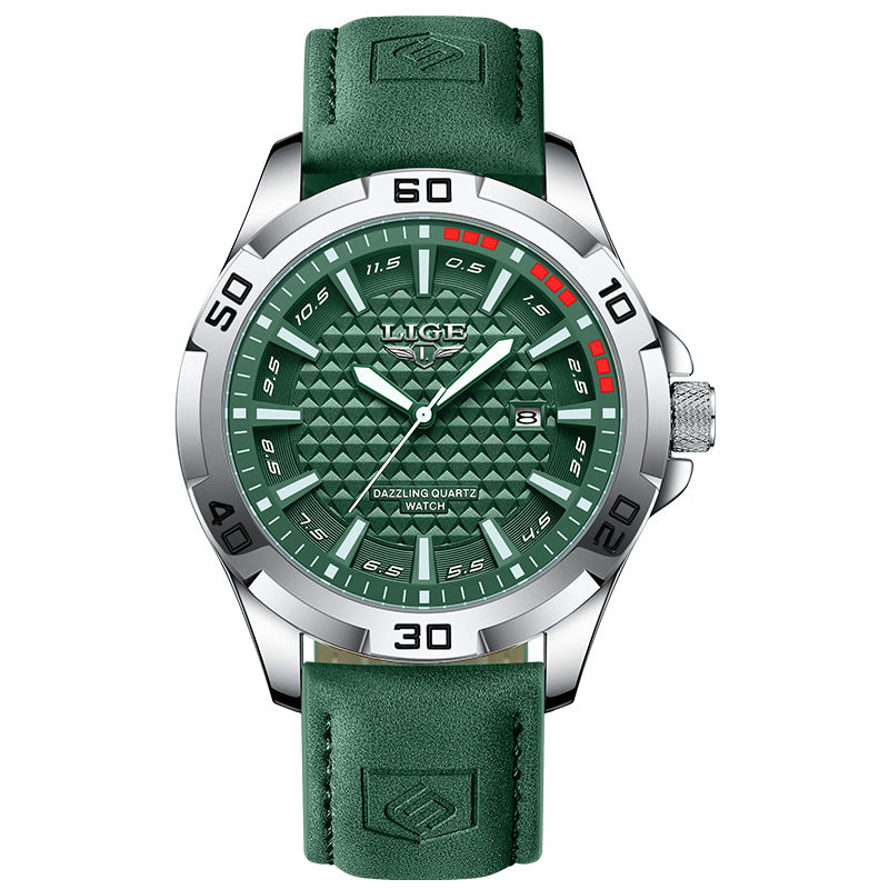 Men's quartz wristwatch with green textured dial, yellow hands, and green leather strap
