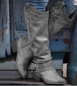 Women's knee-high suede boots, grey with perforated toe and decorative buckle strap