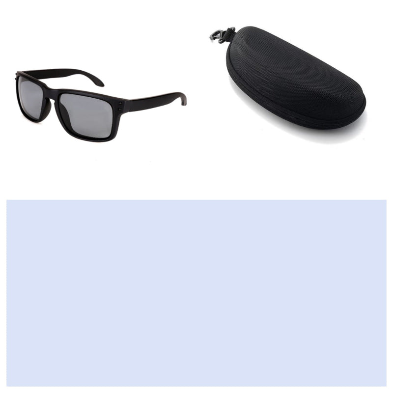 Men's polarized sports sunglasses with dark lenses, black frame, and hard case