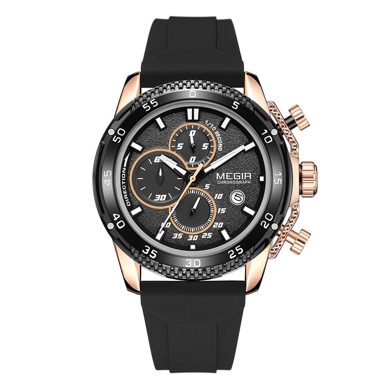 Men's sport quartz watch with black silicone strap and black dial, rose-gold pushers