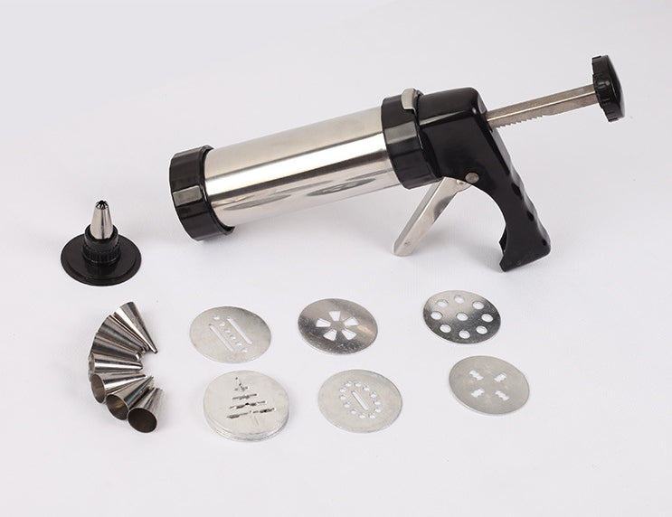 Biscuit press machine with stainless cylinder, black handle, and metal biscuit pattern plates