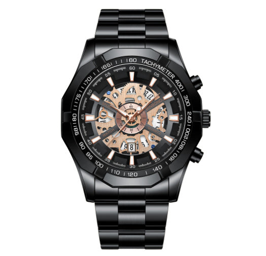 Men's skeleton quartz watch with black stainless band and gold-tone open dial