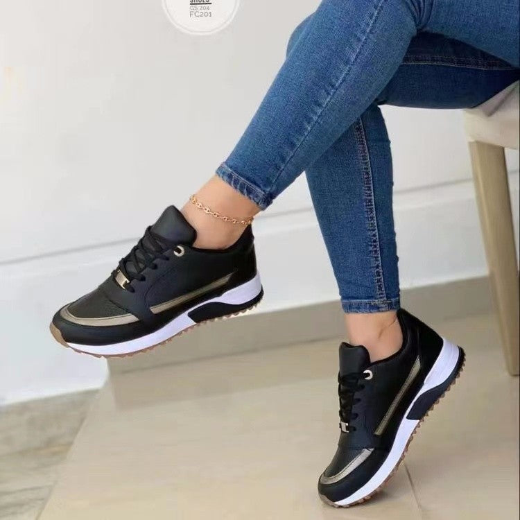 Women's black lace-up flat sneakers, round toe, white side stripe