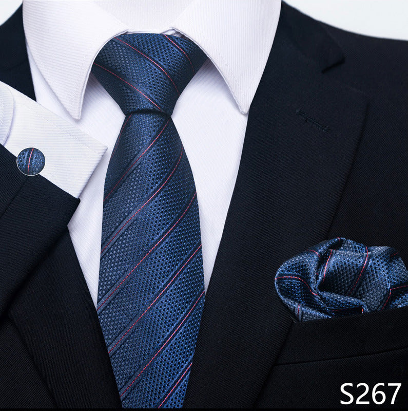 Men's formal tie set with blue tie and red diagonal stripes, pocket square, cufflinks