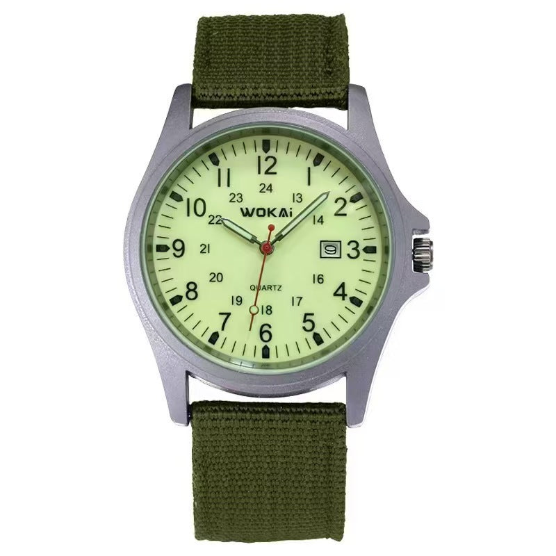 Quartz wristwatch with olive canvas strap and light lime dial, date window at 3 o’clock.
