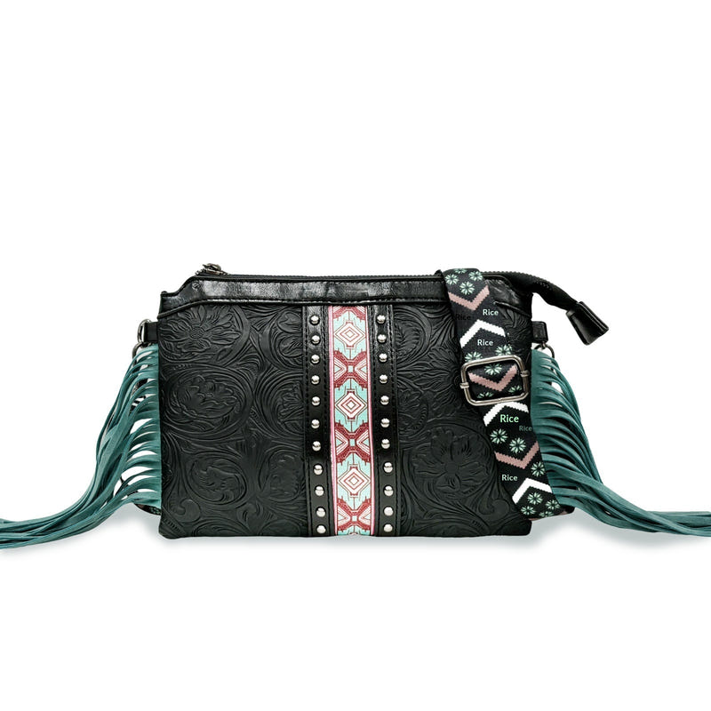 Women's crossbody bag, black embossed PU with colorful woven trim and side fringe