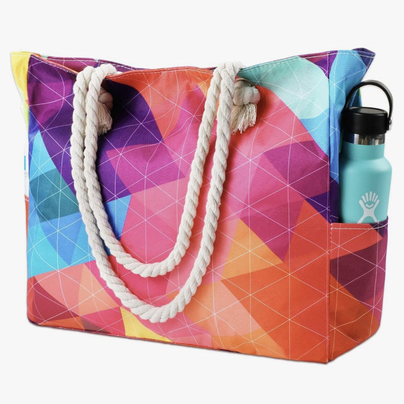 Printed polyester shoulder bag, geometric rainbow pattern, braided rope handles, open top