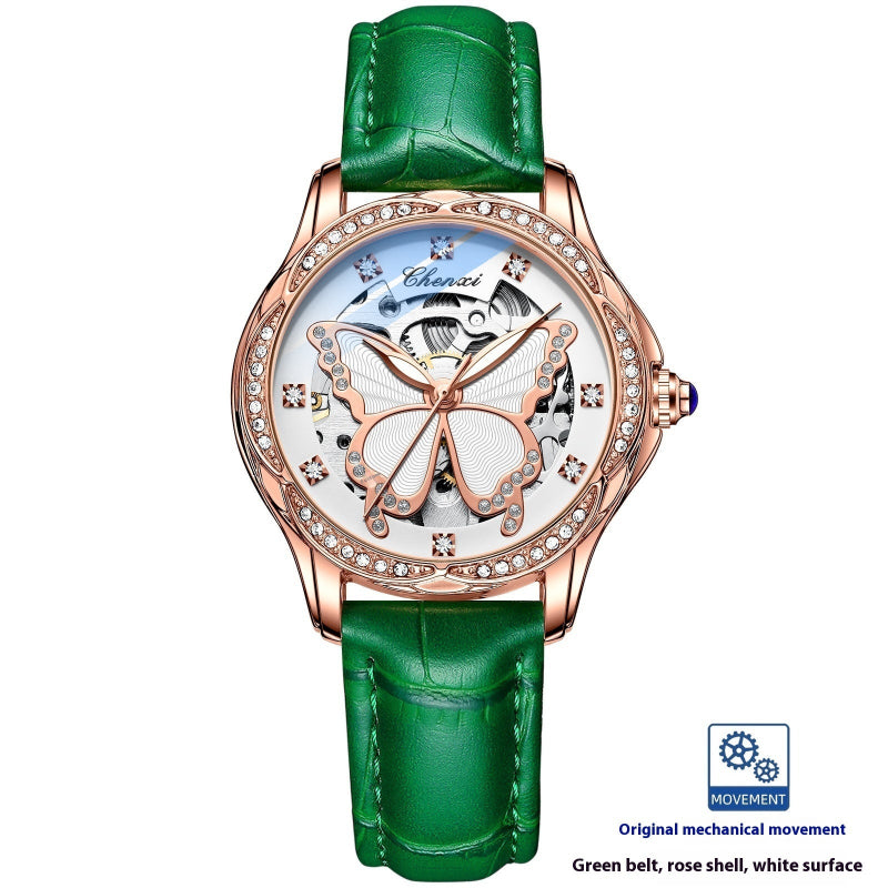 Women's diamond bezel butterfly dial watch with green leather strap and rose gold case