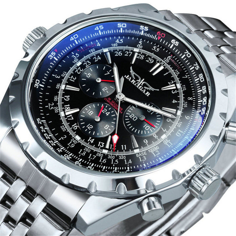 Men's mechanical chronograph watch with silver bracelet and black dial, red accent subdials