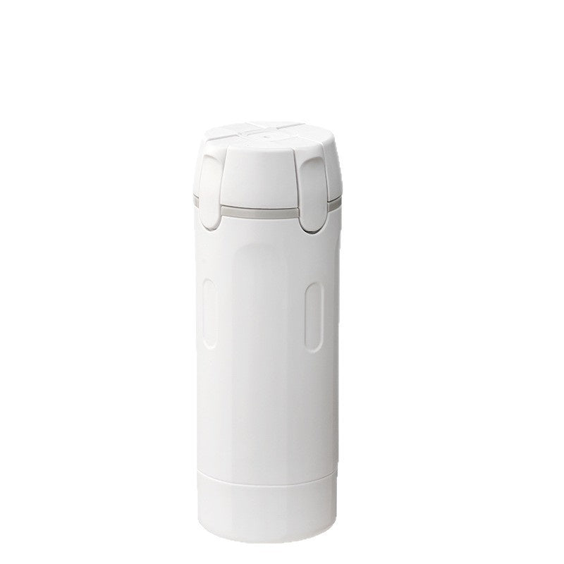 Four-in-one travel dispenser bottle in white, pump dispenser with hinged lid