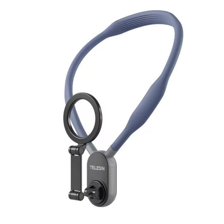 Sapphire blue silicone phone neck mount with magnetic ring holder, angled view