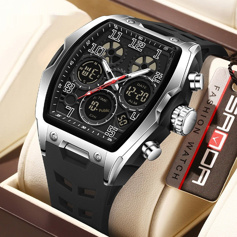 Multifunctional sports electronic watch, black case and dial with red accent, black silicone strap