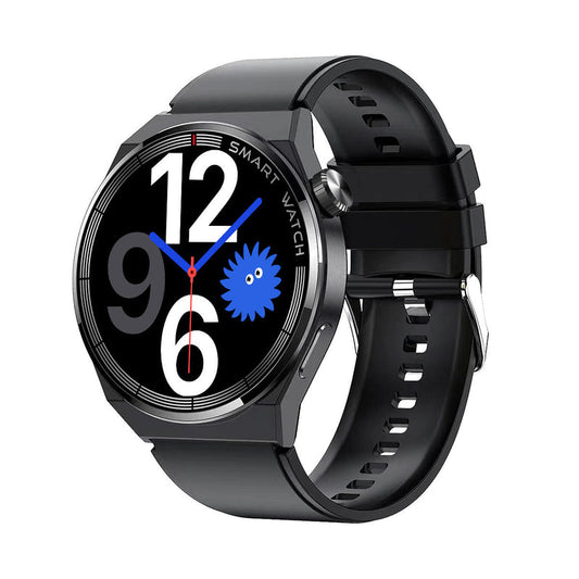 Smartwatch with black silicone strap and black case, round screen with large time digits