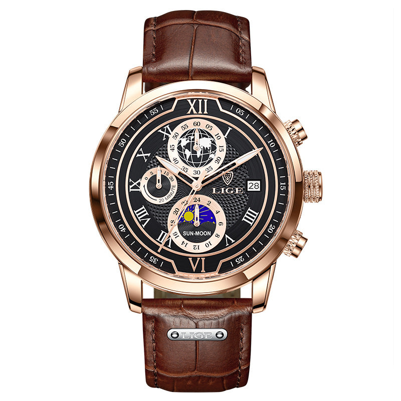 Men's rose gold moon phase quartz watch with dark dial and brown leather strap