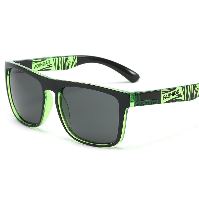 Unisex square polarized sports sunglasses, black frame with green accents and dark lenses