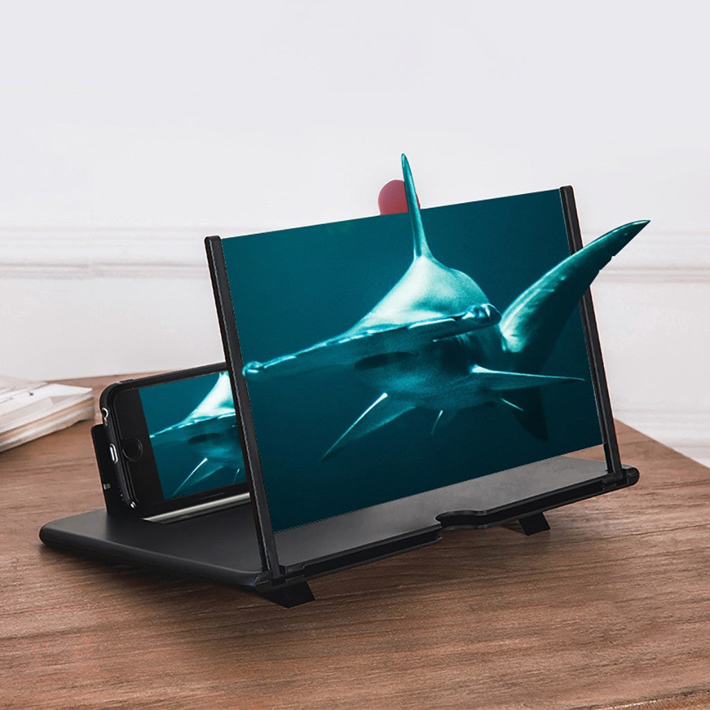 Black 3D mobile screen magnifier stand with clear viewing panel and phone holder