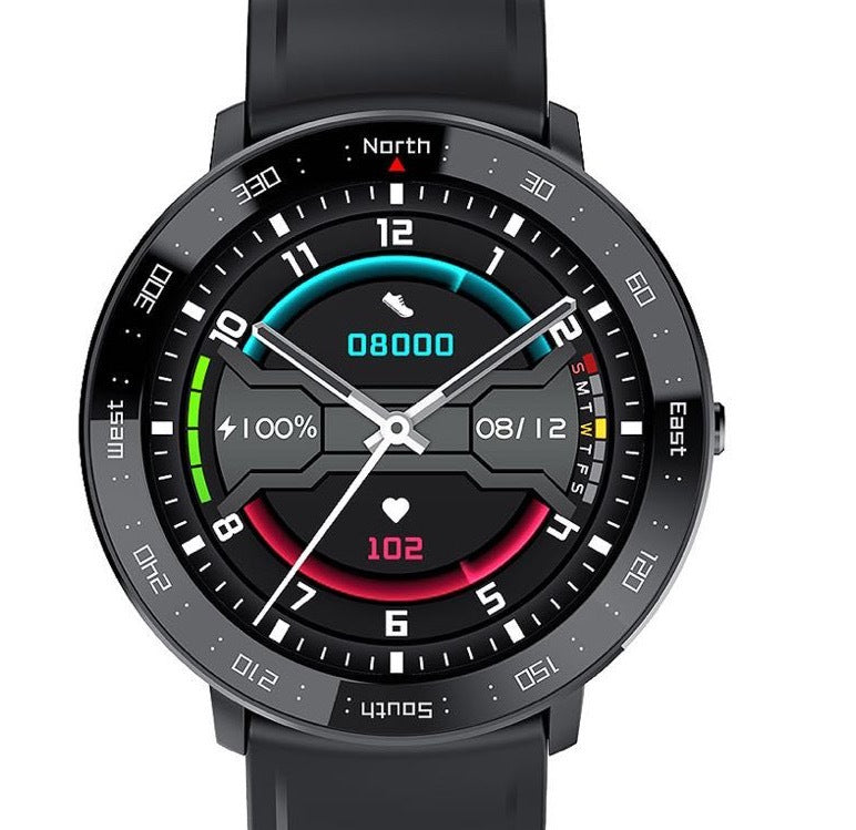 Black smartwatch with sporty strap and colorful activity display on round screen