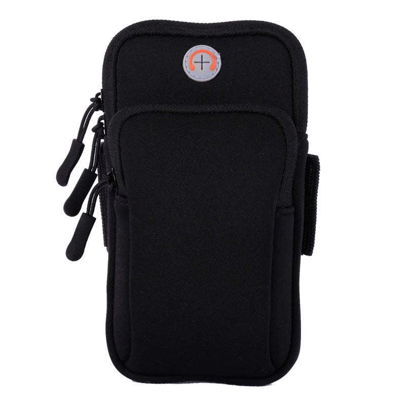 Black sports phone pouch with black trim, zip top, and side attachment straps