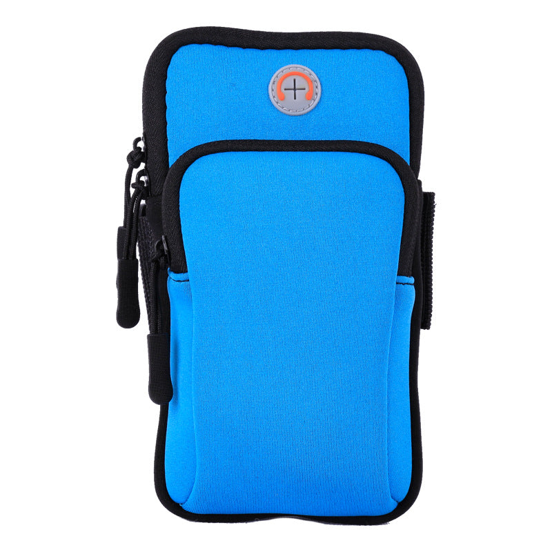 Blue sports phone pouch with black trim, zip top, and side attachment straps