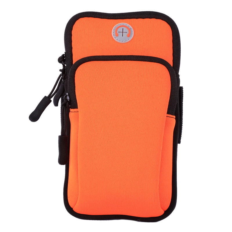 Orange sports phone pouch with black trim, zip top, and side attachment straps