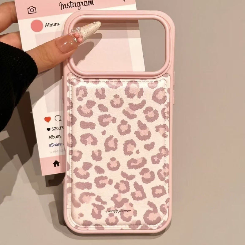 Pink leopard-print phone case with glossy clear border and back camera openings