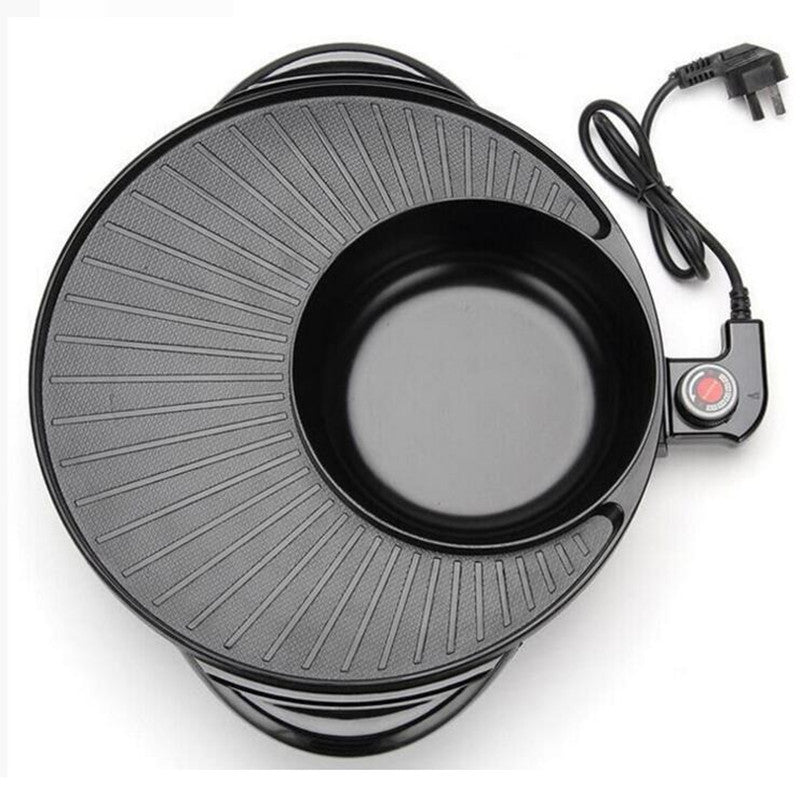 Electric grill pot hotplate top view with power dial and attached plug cord
