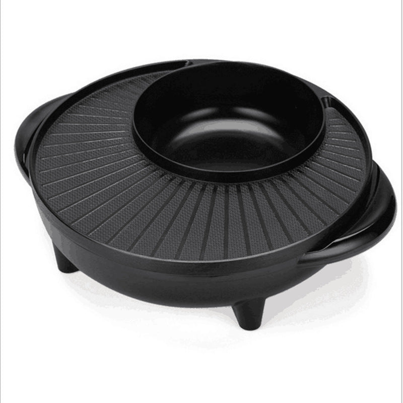 Electric grill pot with ridged cooking plate and deep black inner bowl, no lid