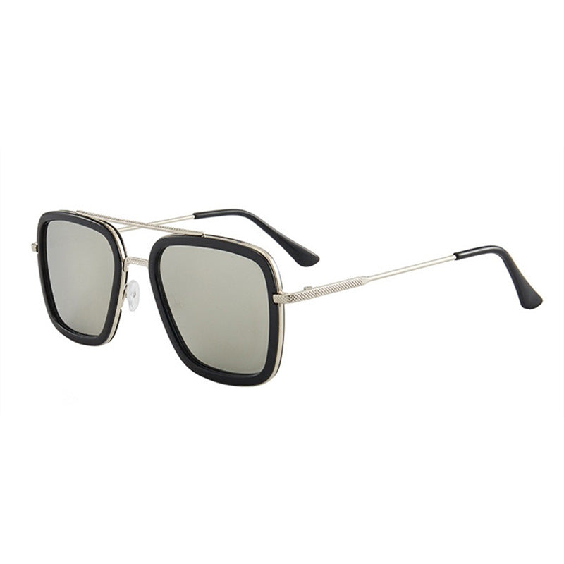 Square frame sunglasses with black frame, gold accents, and silver-gray mirrored lenses