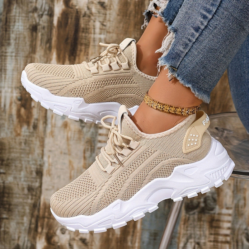 Beige knit lace-up sneakers with white chunky sole