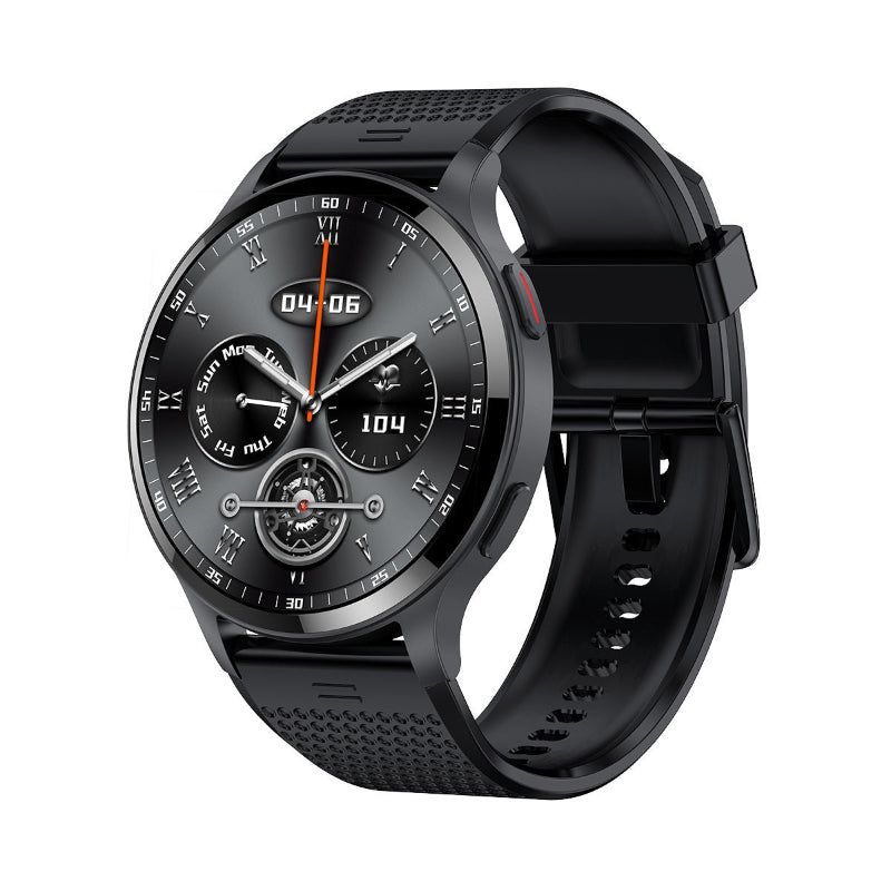 Black smartwatch with dark circular display and perforated-texture silicone strap