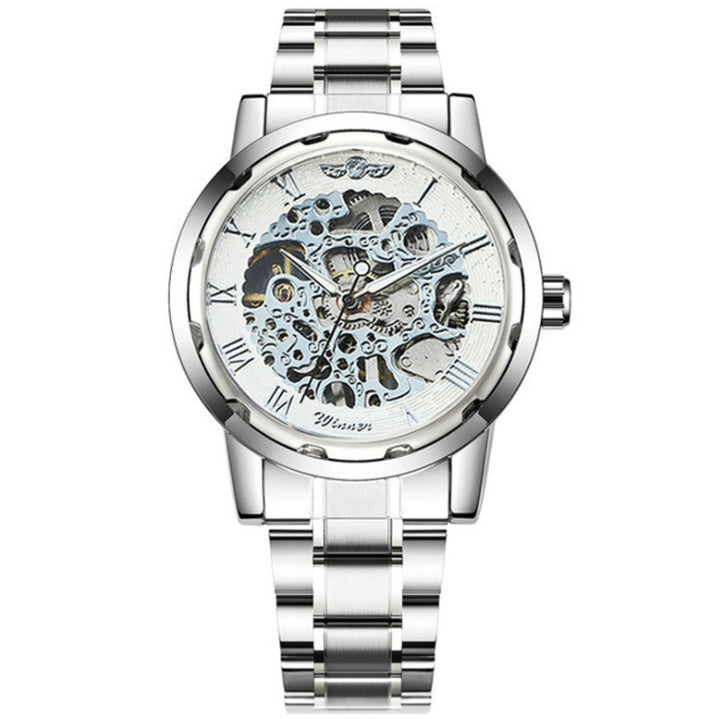 Silver mechanical skeleton watch with white openwork dial and Roman numerals, metal bracelet