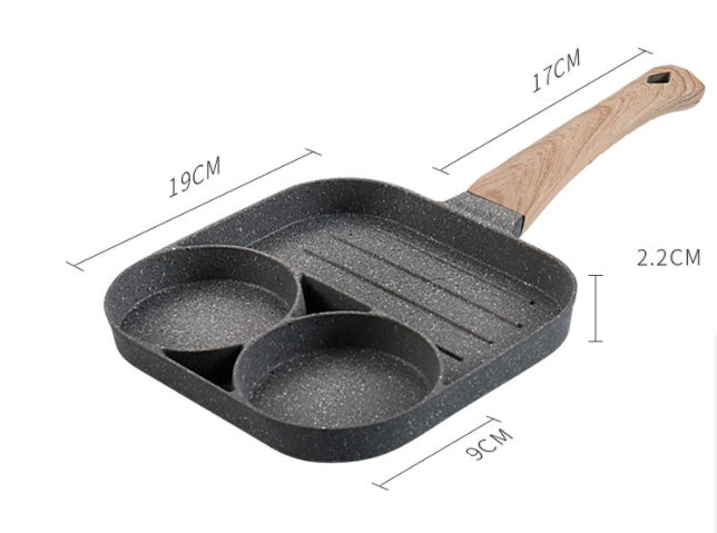 Four-hole frying pan with wooden handle, showing length and width measurements