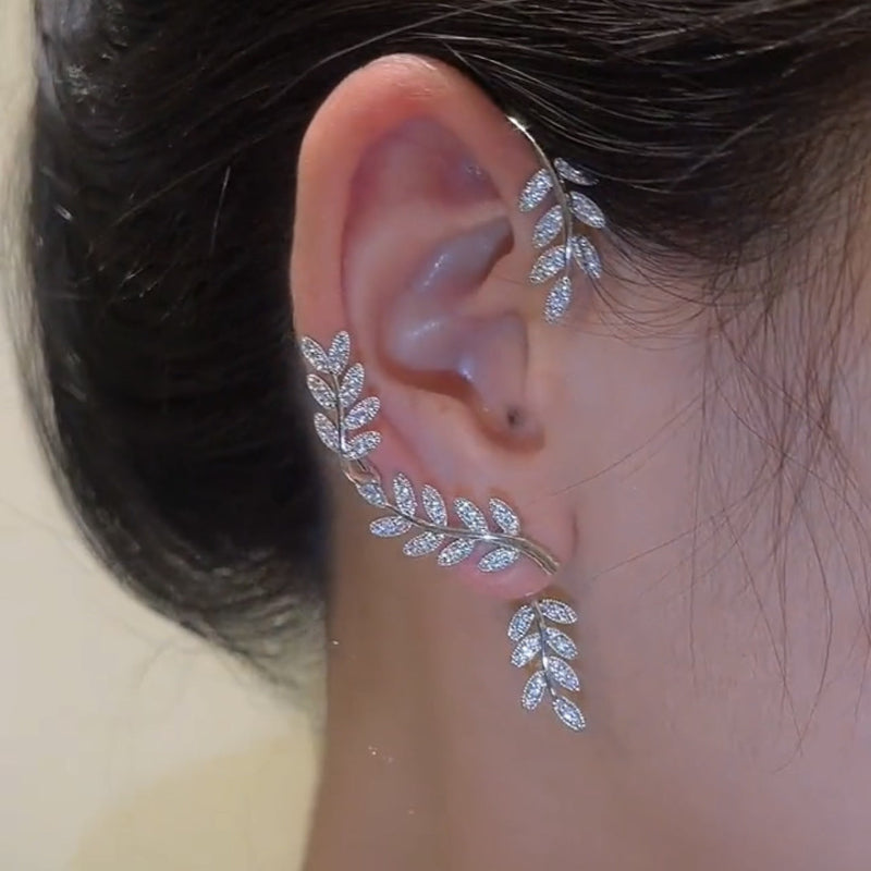 Silver leaf zircon ear-crawler earrings with dangling leaf clusters