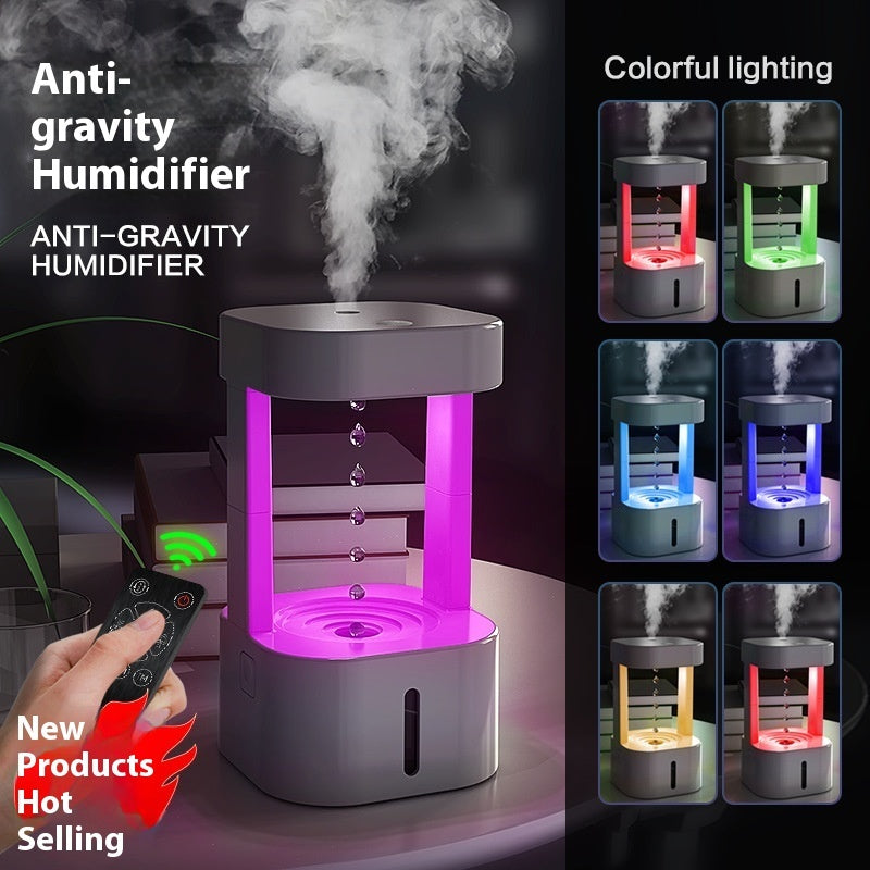Dark anti-gravity humidifier with colorful lighting and mist from top opening