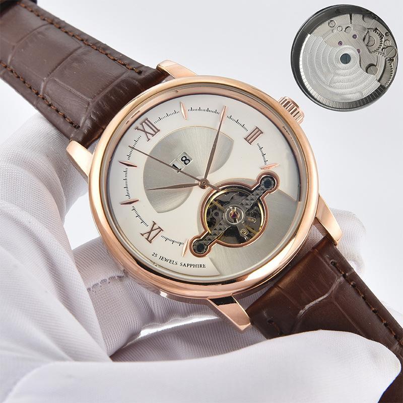 Men's quartz business watch with light dial, rose-gold case, brown leather strap.