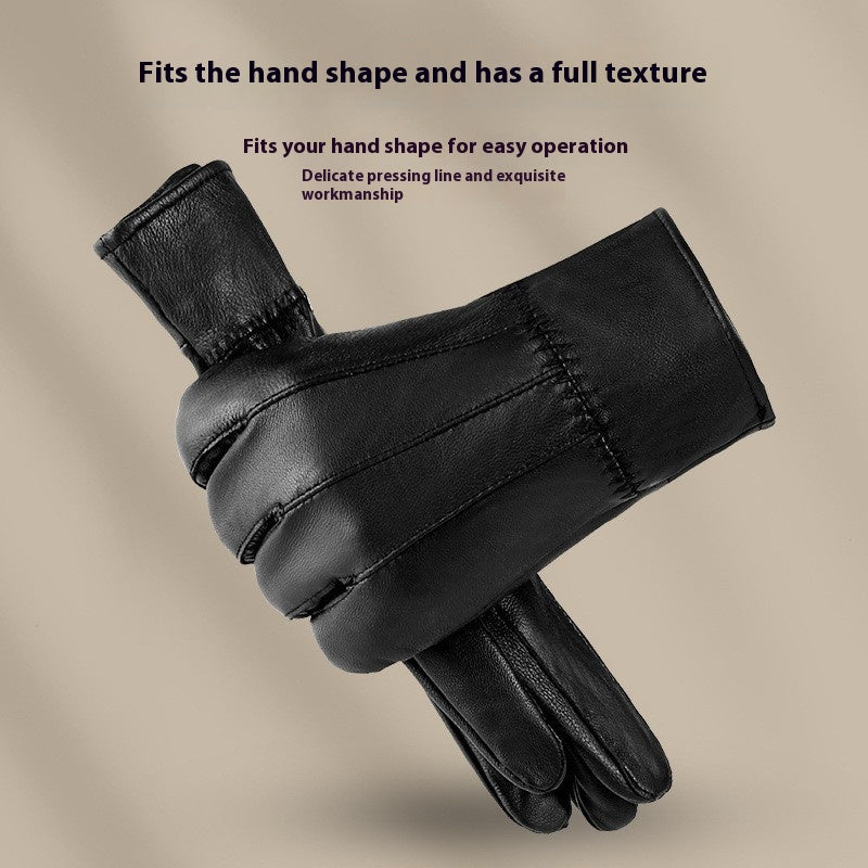 Black leather gloves with stitched wrist seam, structured palm panel, and thumb gusset.
