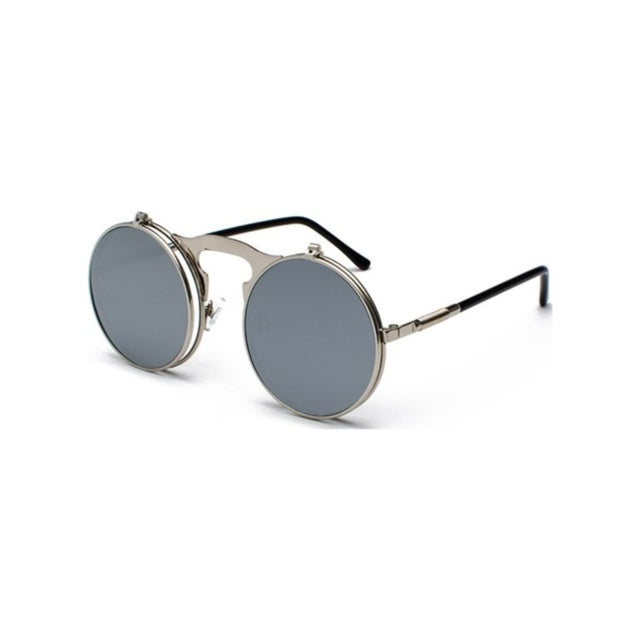 Round flip-up sunglasses with silver frame and gray tinted lenses