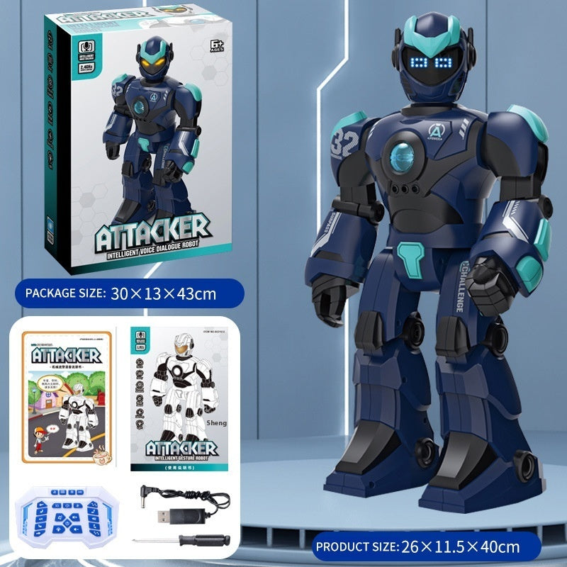 Intelligent voice dialogue robot toy, blue and black with teal glowing face, shown with retail box